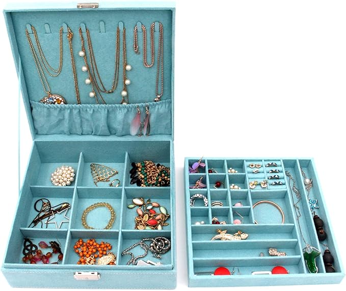Two-Layer Jewelry Box Organizer Display Storage case with Lock (Blue)