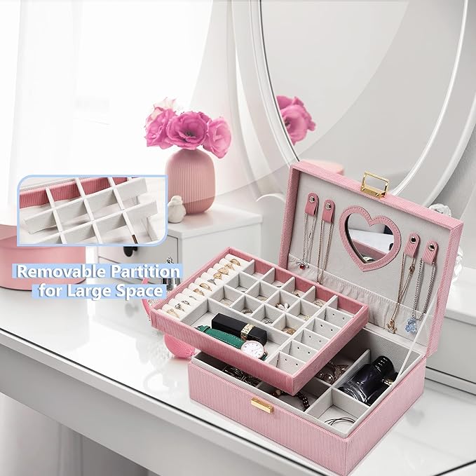 Jewelry Boxes for Women Girls, Jewelry Organizer Box, 2-Layer Large Velvet Jewelry Organizer for Rings Necklaces Bracelets Watch Earring（Pink）