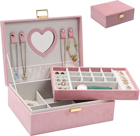 Jewelry Boxes for Women Girls, Jewelry Organizer Box, 2-Layer Large Velvet Jewelry Organizer for Rings Necklaces Bracelets Watch Earring（Pink）