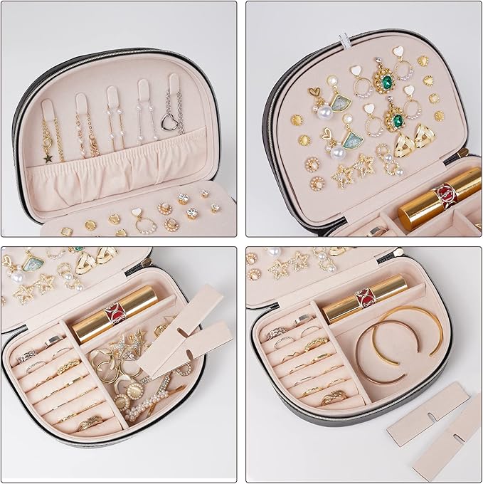 Travel Size Jewelry Box, Medium Portable Seashell-Shaped Jewelry Case, 2 Layer Jewelry Organizer in PU Leather for Women -Black