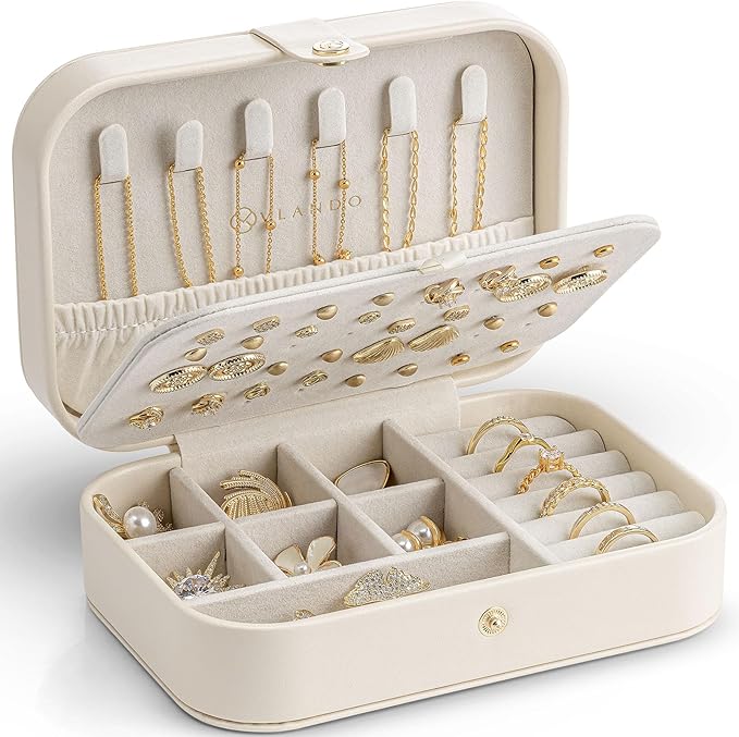 Travel Jewelry Case for Women Girls Mothers, PU Leather Portable Small Jewelry Box for Rings, Necklaces, Bracelets, Earring Holder Organizer Storage for Travel, Bridesmaid Gifts - Beige