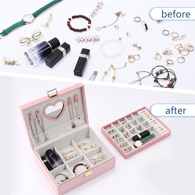 Jewelry Boxes for Women Girls, Jewelry Organizer Box, 2-Layer Large Velvet Jewelry Organizer for Rings Necklaces Bracelets Watch Earring（Pink）