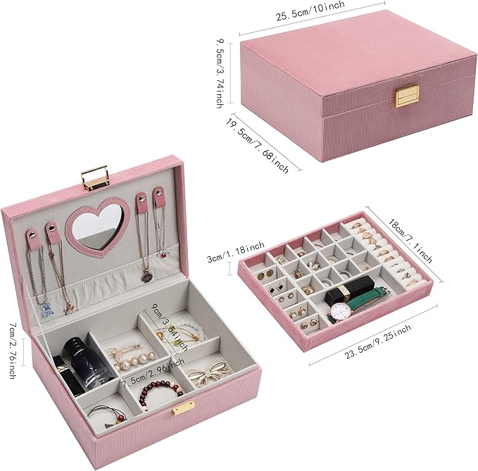 Jewelry Boxes for Women Girls, Jewelry Organizer Box, 2-Layer Large Velvet Jewelry Organizer for Rings Necklaces Bracelets Watch Earring（Pink）