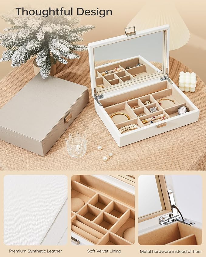 Jewelry Box with Lid,Jewelry Organizer with big Mirror,PU Leather Jewelry Storage Display Holder for Necklace Earrings Rings Bracelets,Lockable,Gift for Women Girls(White)