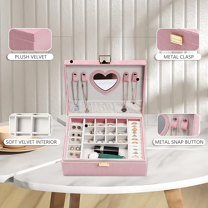 Jewelry Boxes for Women Girls, Jewelry Organizer Box, 2-Layer Large Velvet Jewelry Organizer for Rings Necklaces Bracelets Watch Earring（Pink）