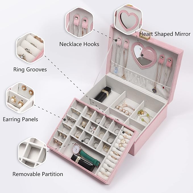 Jewelry Boxes for Women Girls, Jewelry Organizer Box, 2-Layer Large Velvet Jewelry Organizer for Rings Necklaces Bracelets Watch Earring（Pink）