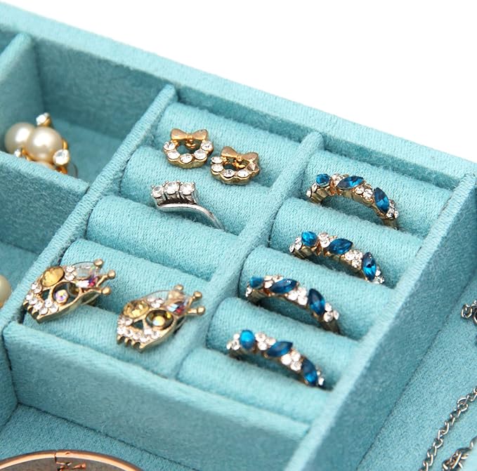 Two-Layer Jewelry Box Organizer Display Storage case with Lock (Blue)