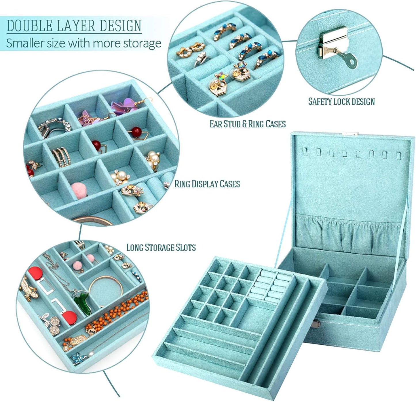 Two-Layer Jewelry Box Organizer Display Storage case with Lock (Blue)
